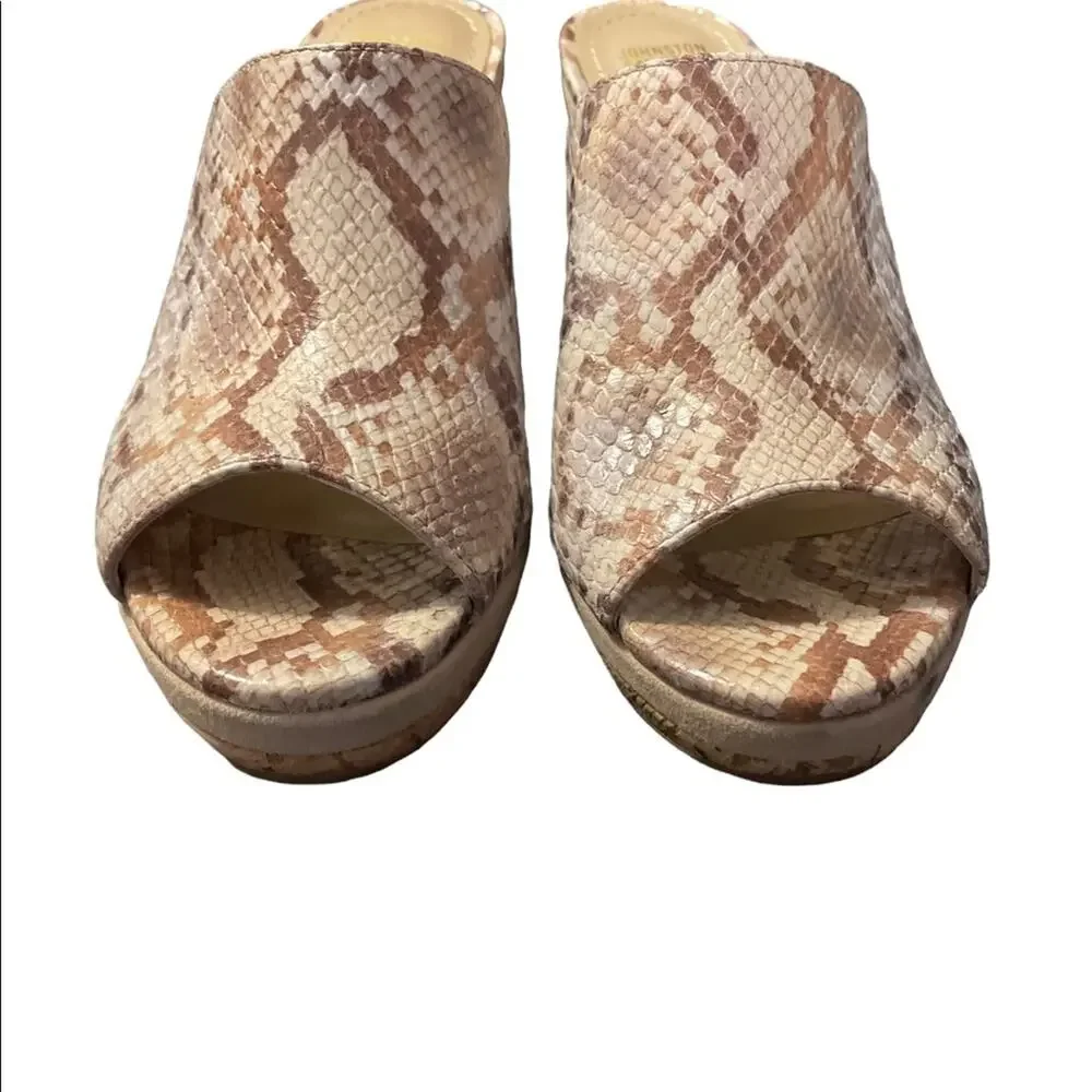 Johnston & Murphy Platform 7.5 Snakeskin Leather Cork Peep Toe Wedge Sandal Tan - Picture 5 of 5